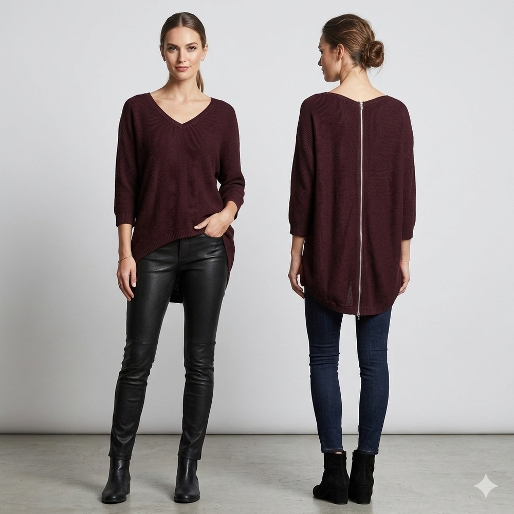 Express Burgundy V-Neck High-Low Zipper-Back Sweater -‎ Size Large